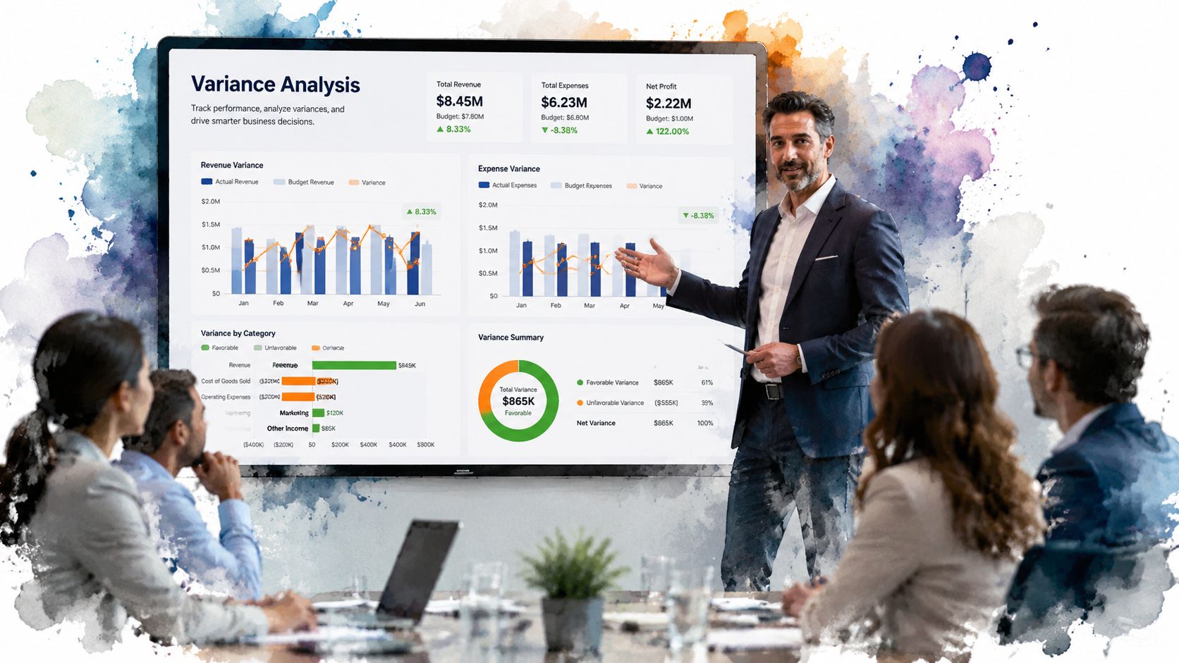 A Professional Business Meeting With A Presenter Showing A Digital Dashboard Of Budget Versus Actual Variance Analysis.