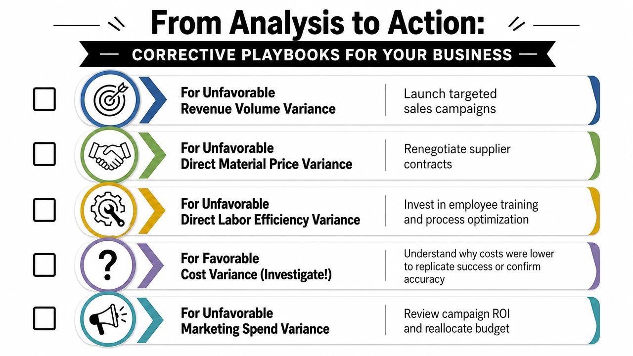 A Business Infographic Titled From Analysis To Action Showing Corrective Playbooks For Managing Various Financial Variances.