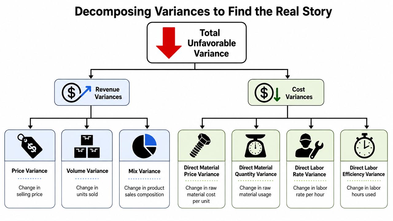 A Flowchart Diagram Explaining The Decomposition Of Total Unfavorable Variances Into Revenue And Cost Variance Components.