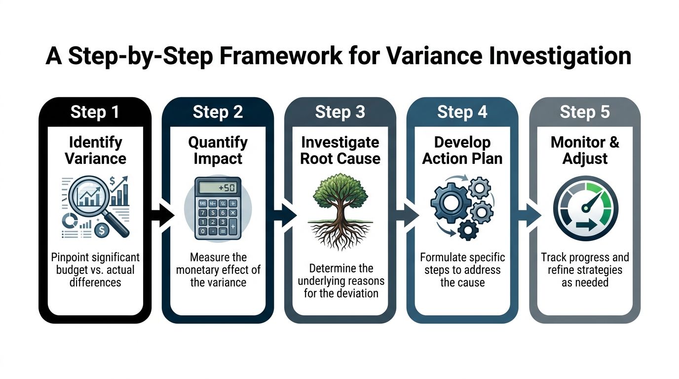 A Five-Step Framework Infographic Illustrating The Process For Conducting A Budget Vs Actual Variance Investigation.