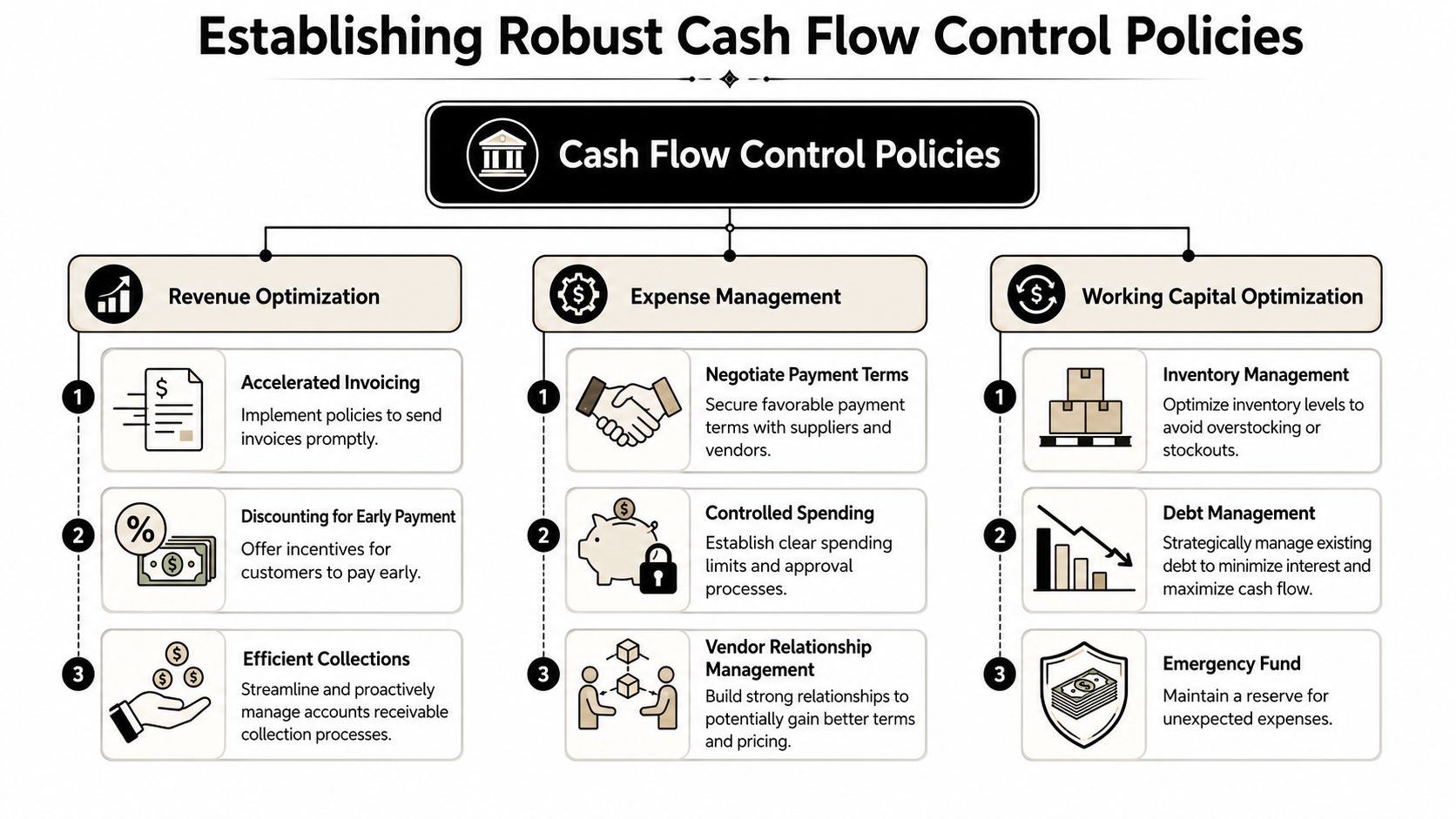 A Diagram Outlining Strategies For Establishing Robust Cash Flow Control Policies Through Revenue, Expense, And Working Capital Optimization.