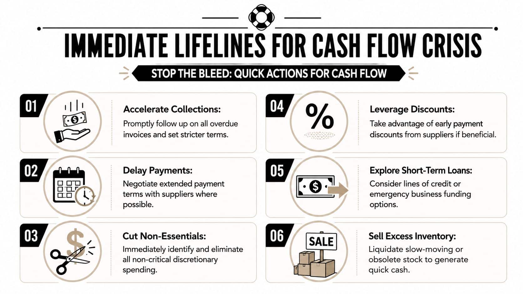 Cash Flow Problems and Solutions: SMB Guide for 2026 Success 2 An infographic titled Immediate Lifelines for Cash Flow Crisis outlining six quick strategies to improve business liquidity.