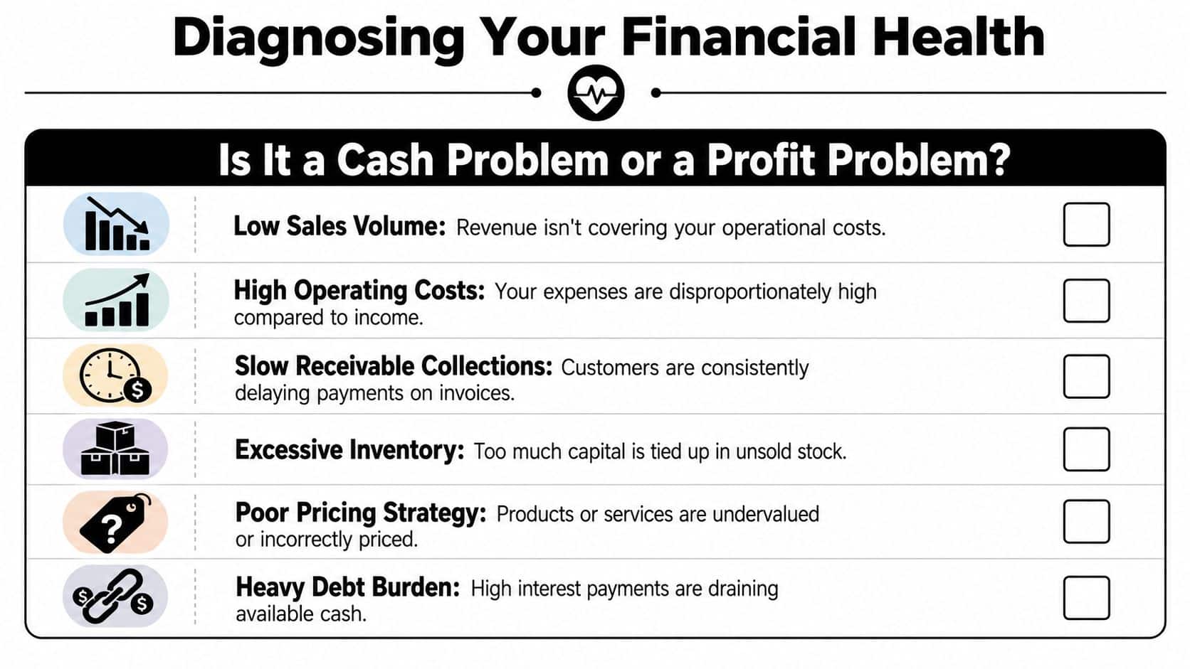 Cash Flow Problems and Solutions: SMB Guide for 2026 Success 1 A diagnostic checklist infographic identifying common causes of cash flow and profit problems in a business.