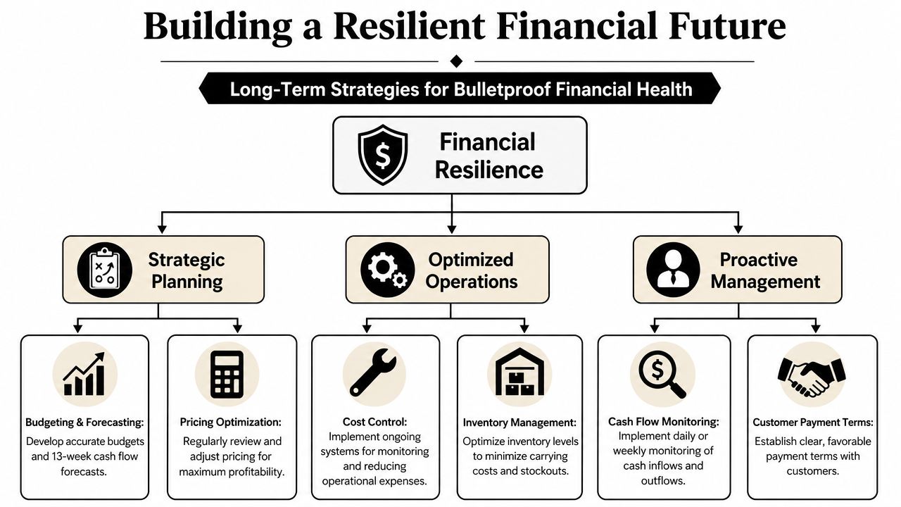 Cash Flow Problems and Solutions: SMB Guide for 2026 Success 3 A flowchart diagram illustrating strategies for building financial resilience, including strategic planning, optimized operations, and proactive management.