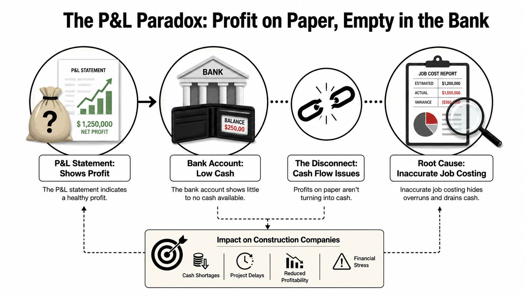 An Infographic Illustrating The P&Amp;L Paradox Where Construction Companies Report Paper Profits Despite Having Low Cash Flow.