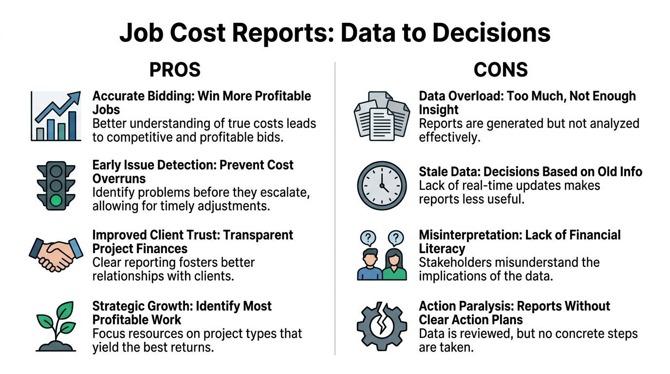 An Infographic Titled Job Cost Reports: Data To Decisions Comparing Pros And Cons Of Project Reporting.