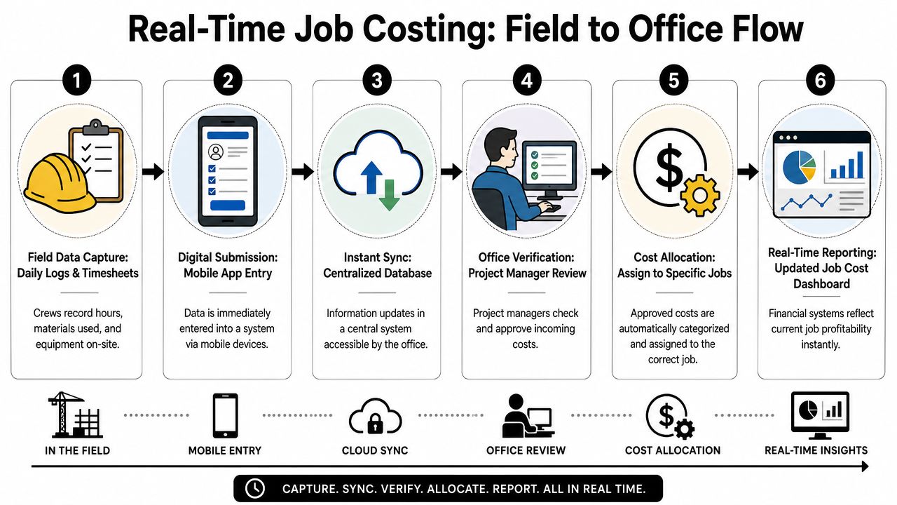 A Six-Step Infographic Illustrating The Real-Time Job Costing Workflow From Field Data Capture To Final Office Reporting.