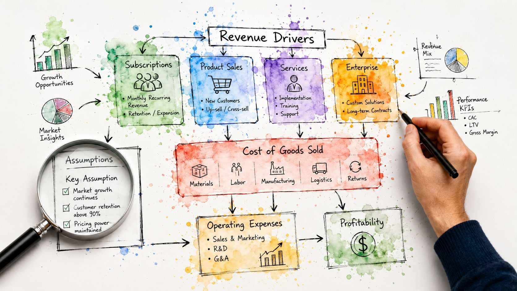 A hand-drawn business flowchart showing revenue drivers, cost of goods sold, expenses, and profitability on paper.