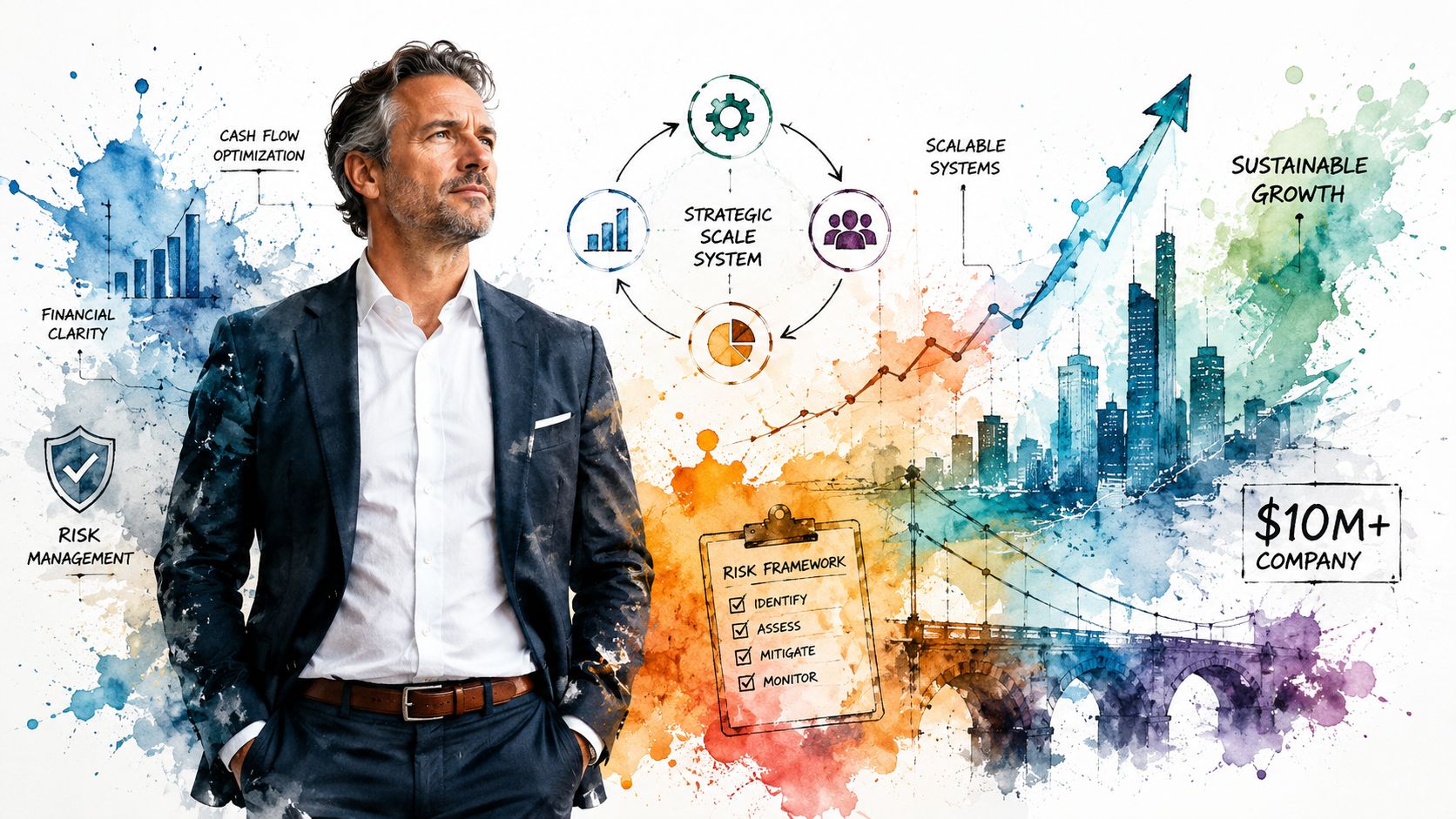 A professional man standing next to an illustrated business strategy diagram for financial and company growth.