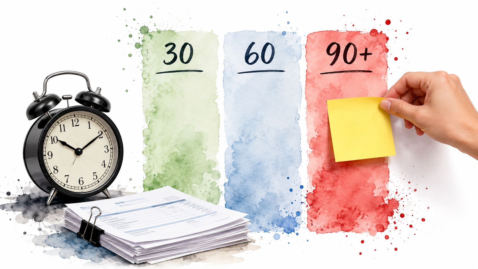 An Alarm Clock, A Stack Of Financial Documents, And Three Colored Segments Labeled 30, 60, And 90+ Days.