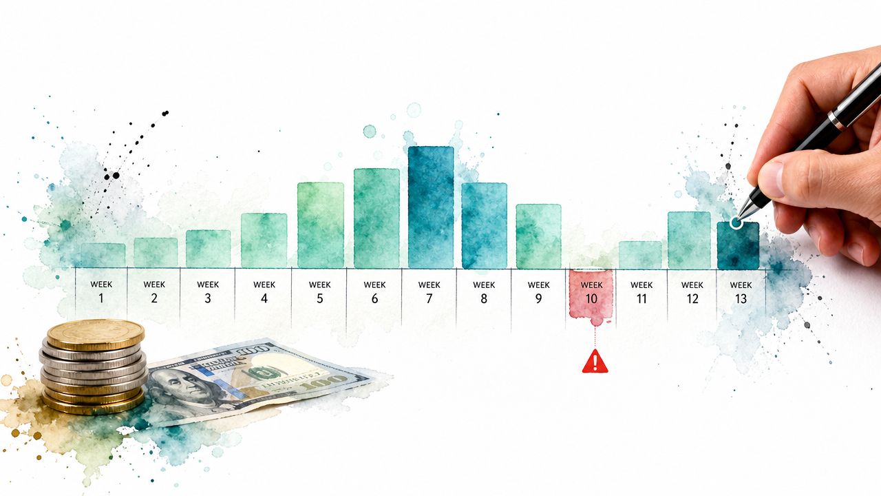 A Hand Drawing A Business Bar Chart Illustrating Financial Performance Progress Over Thirteen Weeks With A Warning Sign.