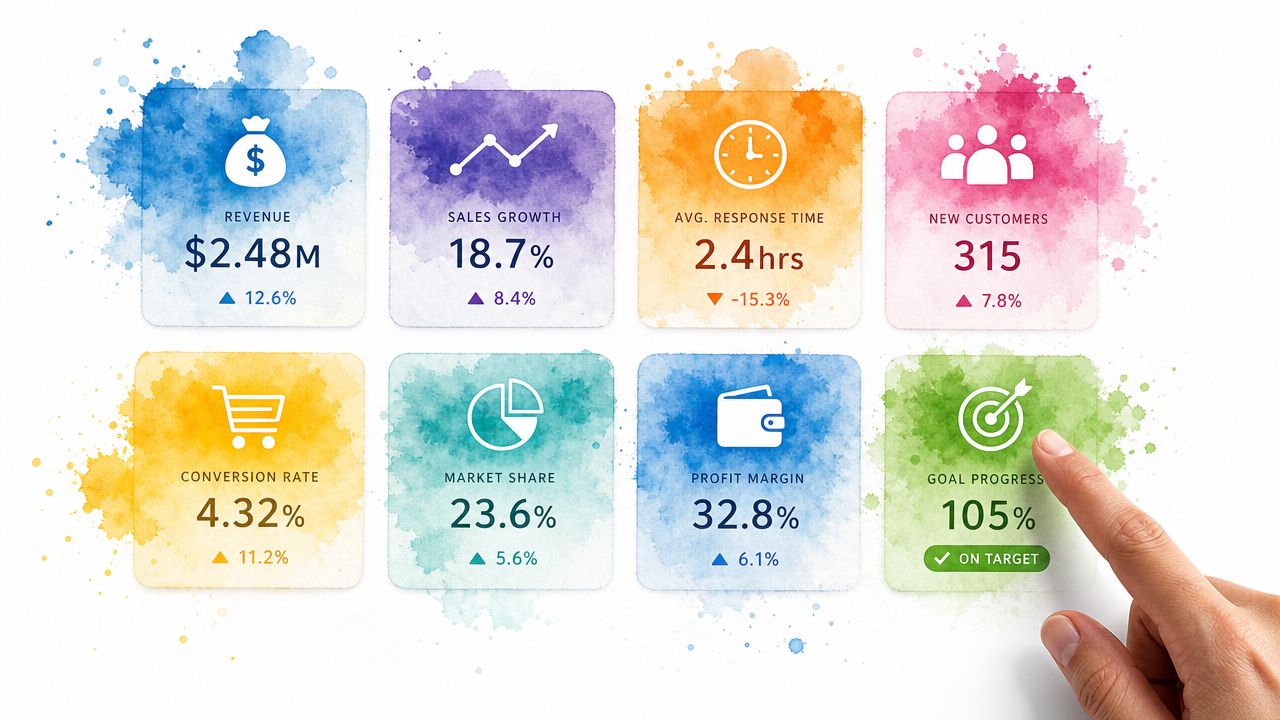 A Digital Dashboard Showing Colorful Cards With Key Business Metrics And Growth Statistics Being Touched By A Hand.