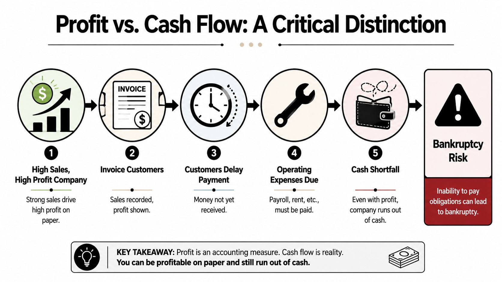 A flowchart illustrating how high-profit companies can still face bankruptcy due to cash flow timing issues.