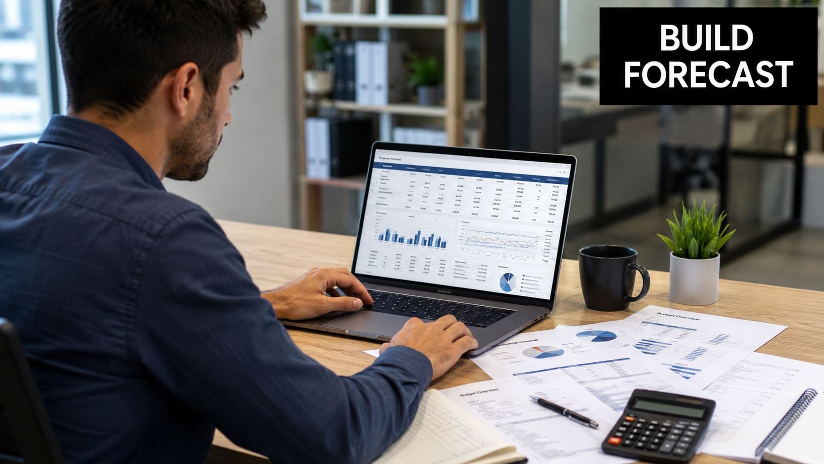 A professional man reviewing financial budget forecasts and charts on his laptop in a modern office.