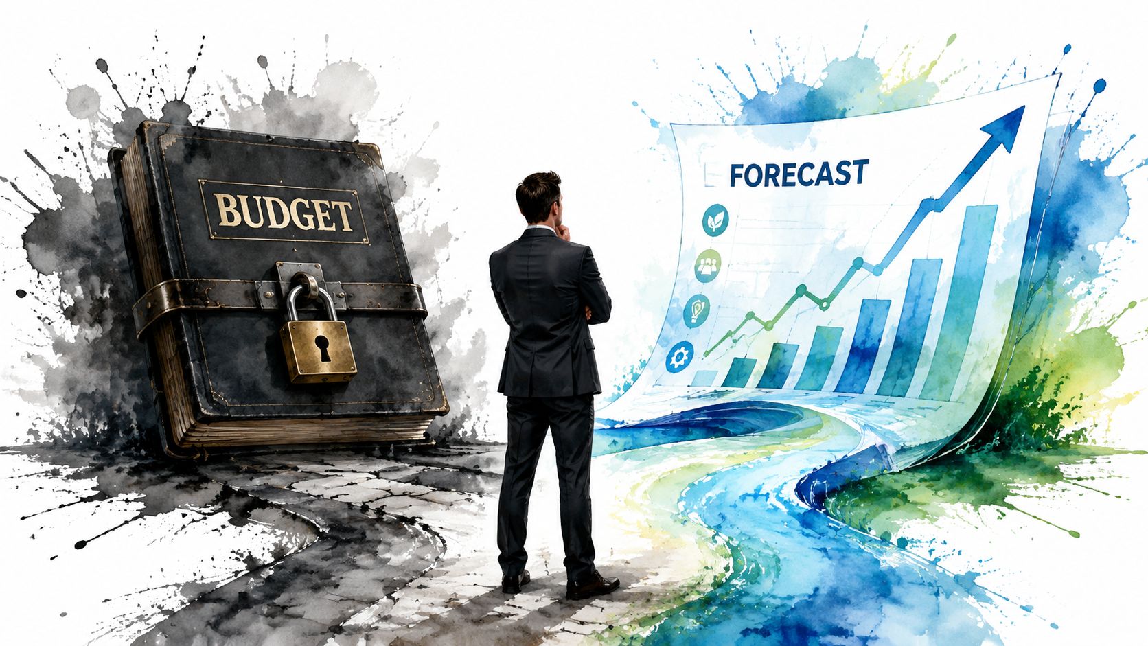A businessman standing between a locked budget book and a colorful rising financial forecast chart illustration.