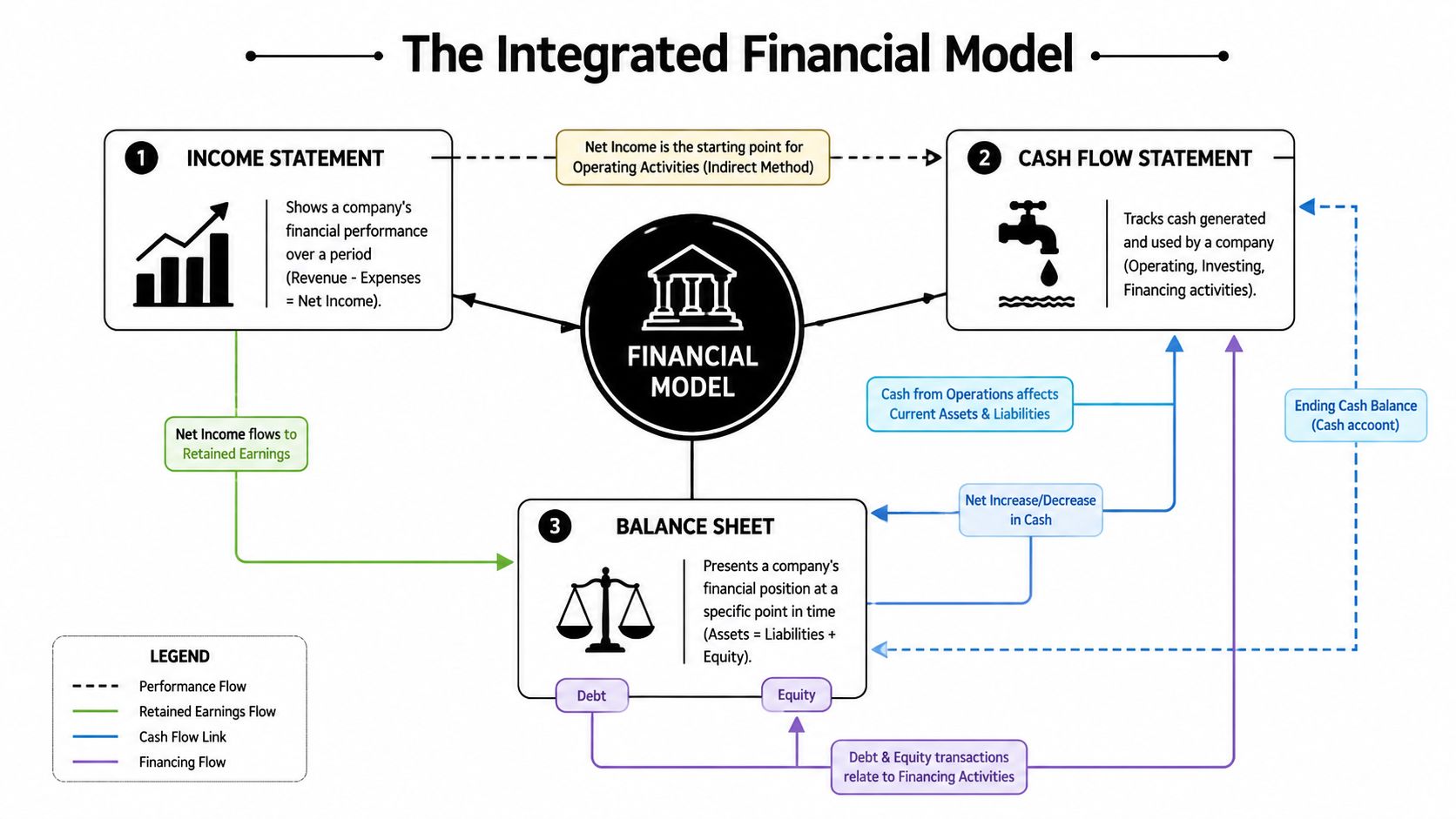 A diagram illustrating the integrated relationships between the income statement, cash flow statement, and balance sheet.
