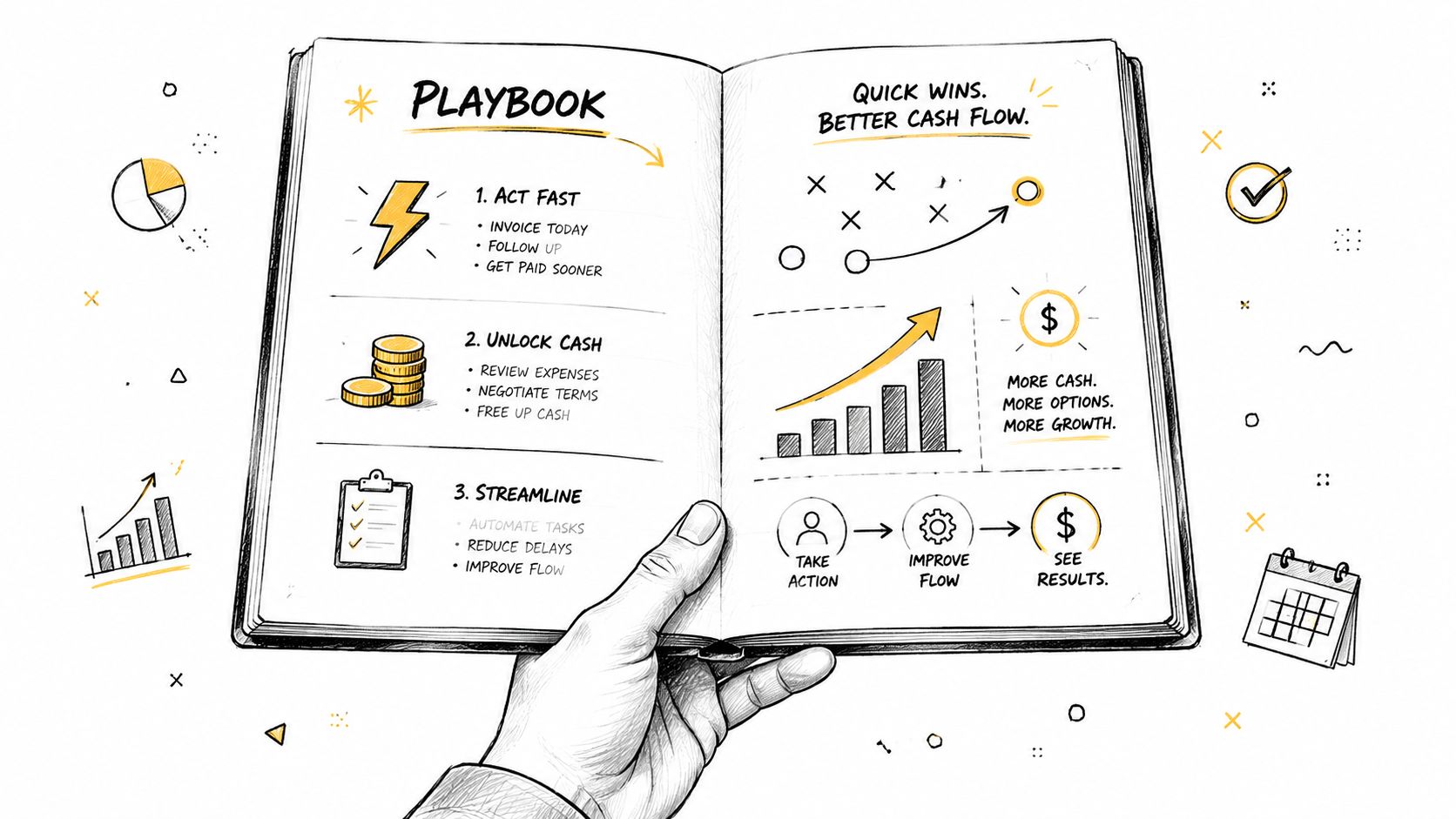 An illustrated open book held by a hand, detailing a business playbook for improving company cash flow.