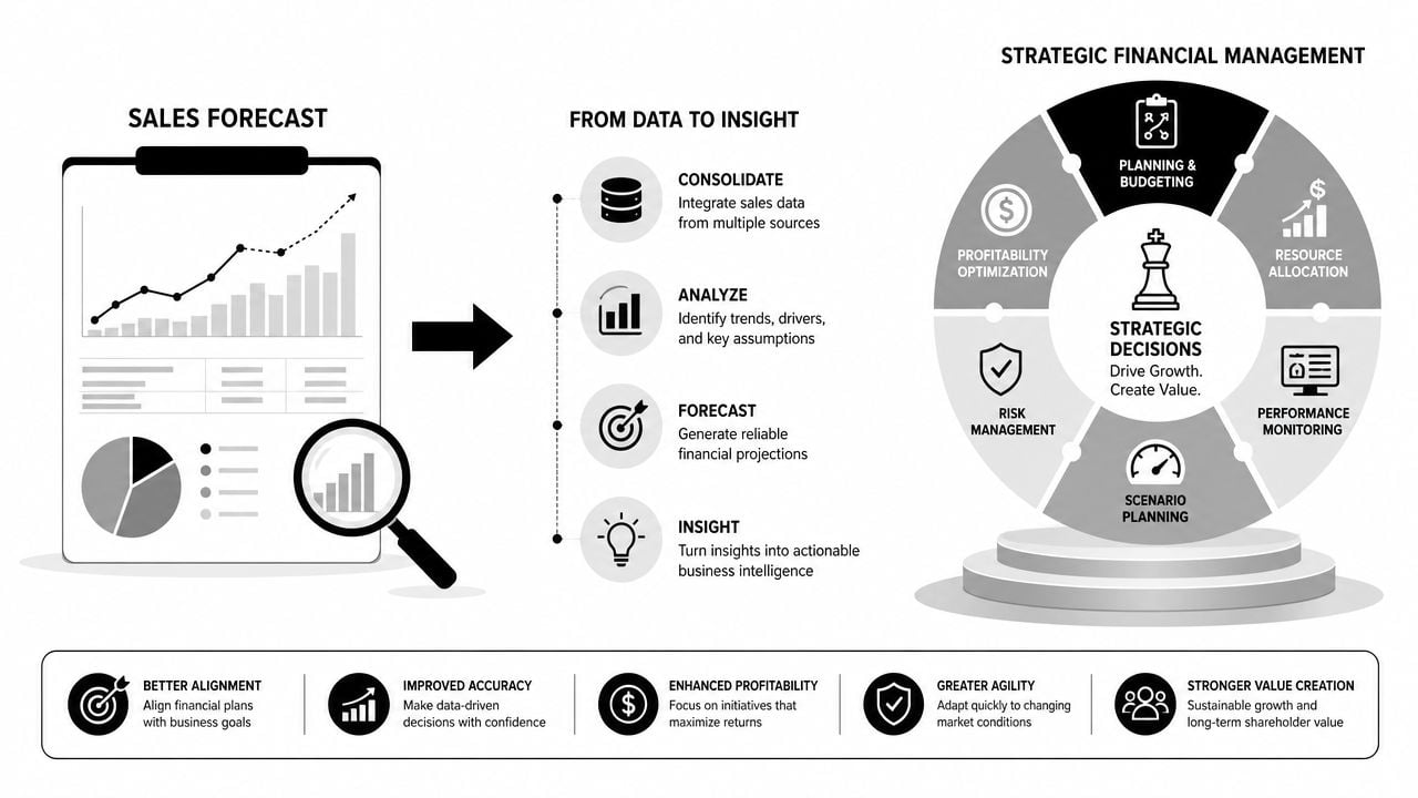 A diagram illustrating the process from sales forecast data to strategic financial management decision making.