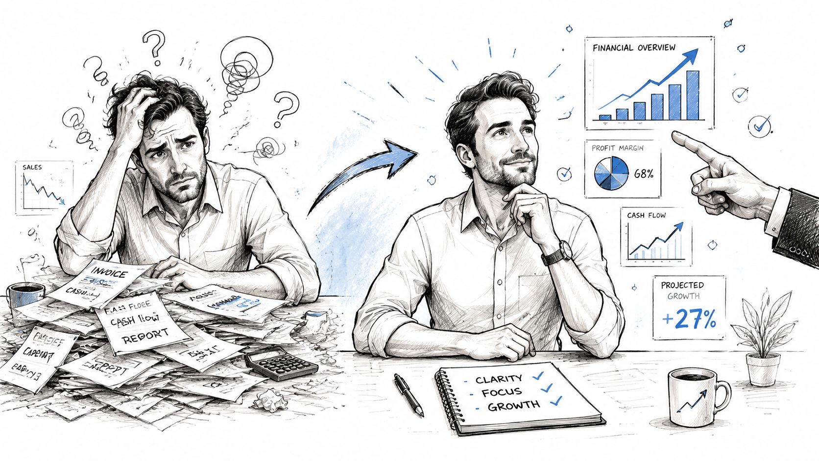 When to Hire a Fractional CFO a Founder's Guide 2 A split image showing a stressed business owner with disorganized paperwork versus a confident person with clear financial metrics.