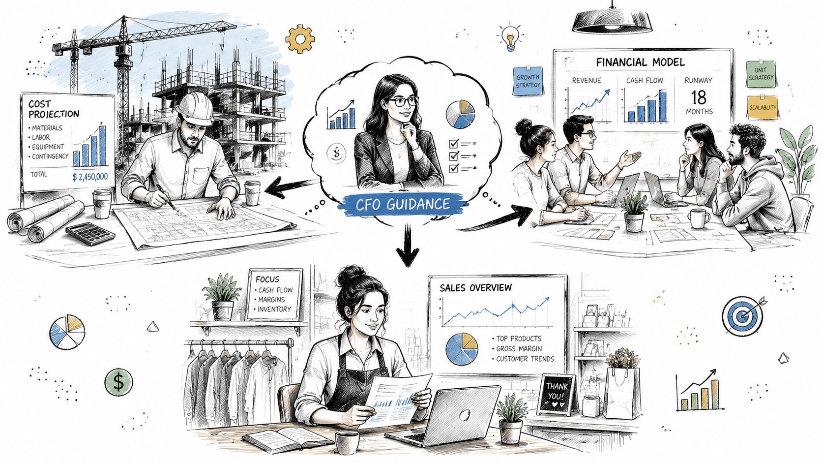 When to Hire a Fractional CFO a Founder's Guide 3 A detailed illustration showing how a fractional CFO provides strategic financial guidance across diverse business sectors and industries.