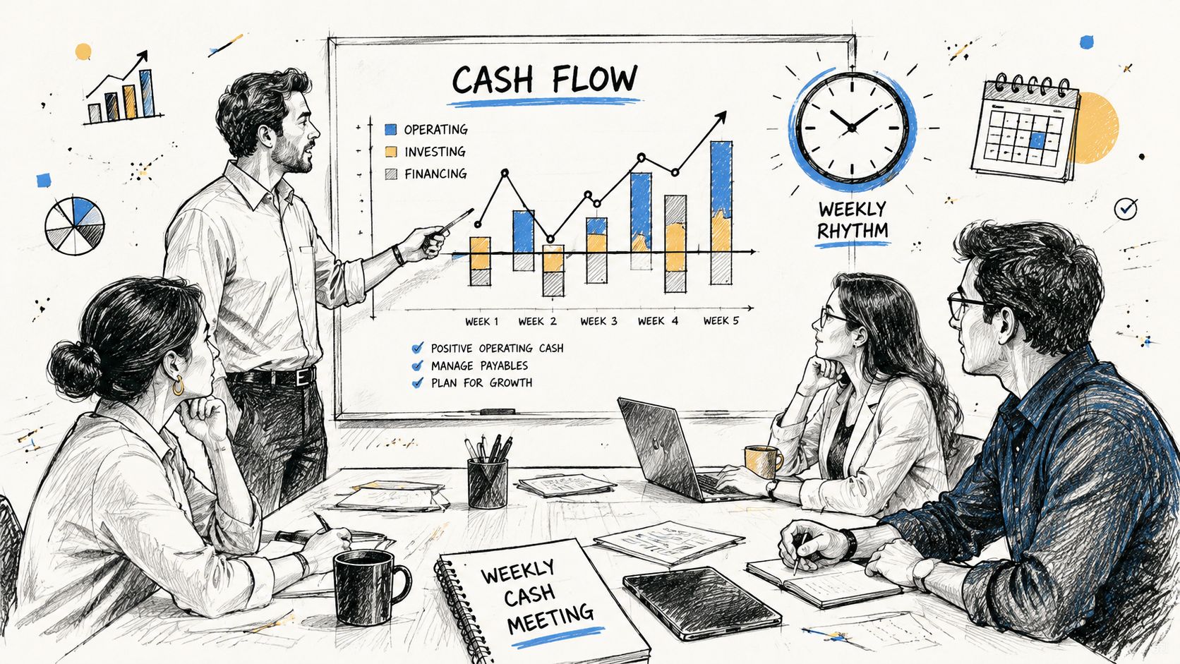 13-Week Cash Flow Forecast: A Founder's Guide to Control 3 A professional team in a meeting discussing a 13-week cash flow chart on a whiteboard.