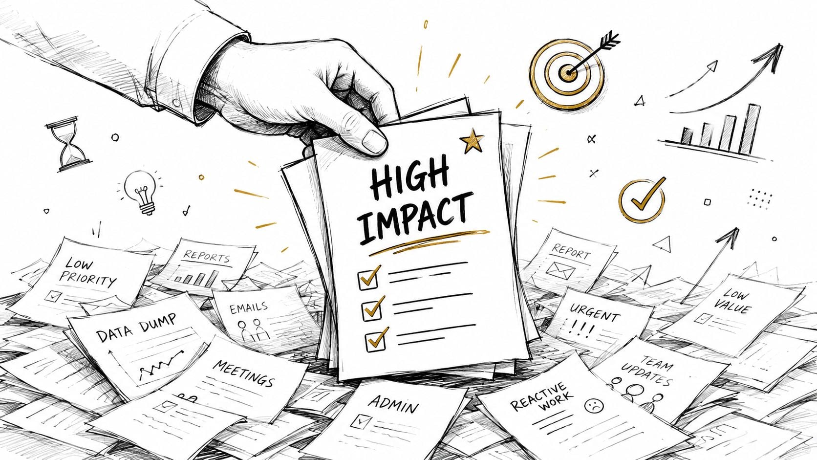 Business Performance Improvement a Playbook for Owners 2 A hand holding a high-impact document amidst a pile of scattered low-priority work papers.