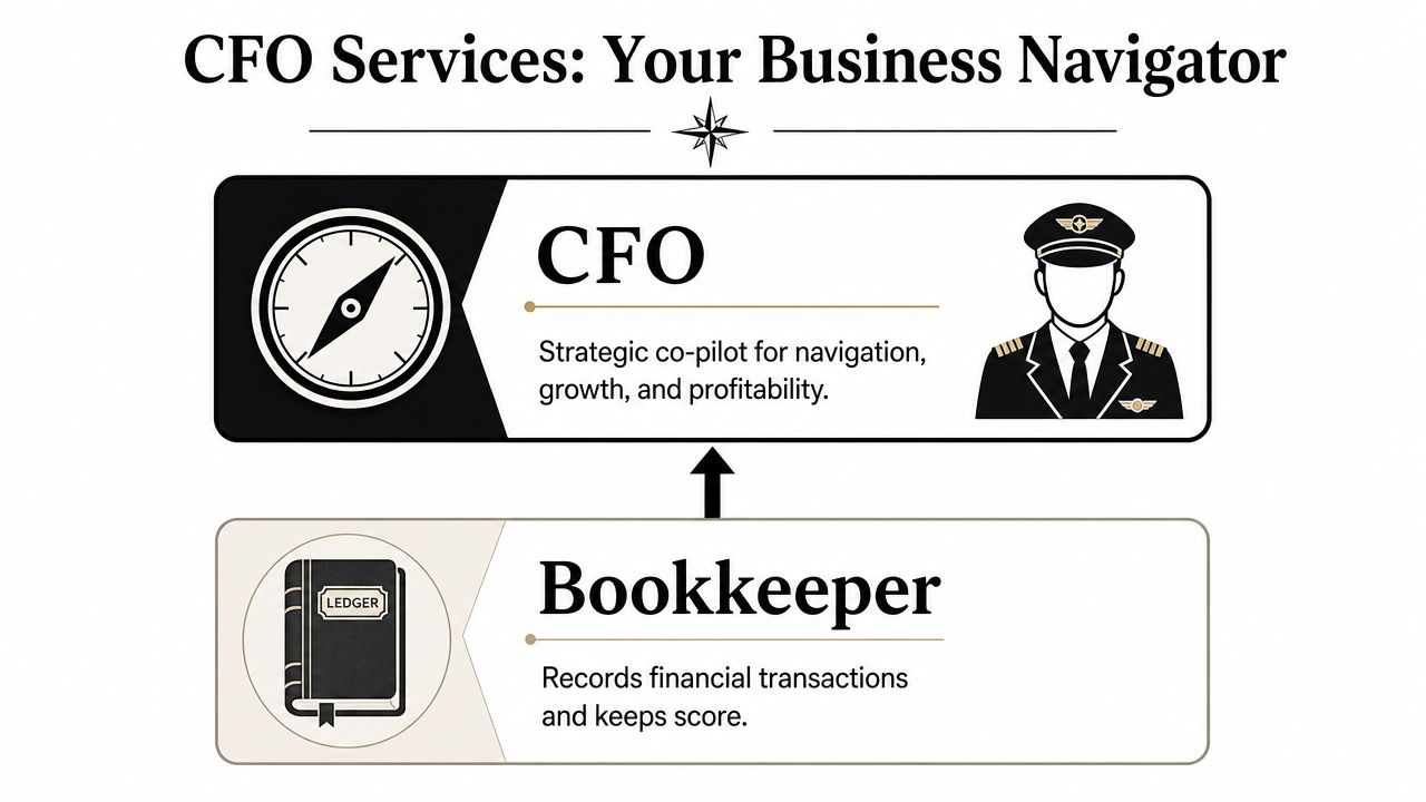 CFO Services for Small Business: Strategic Growth in 2026 1 A diagram comparing the roles of a CFO as a strategic co-pilot and a bookkeeper as scorekeeper.