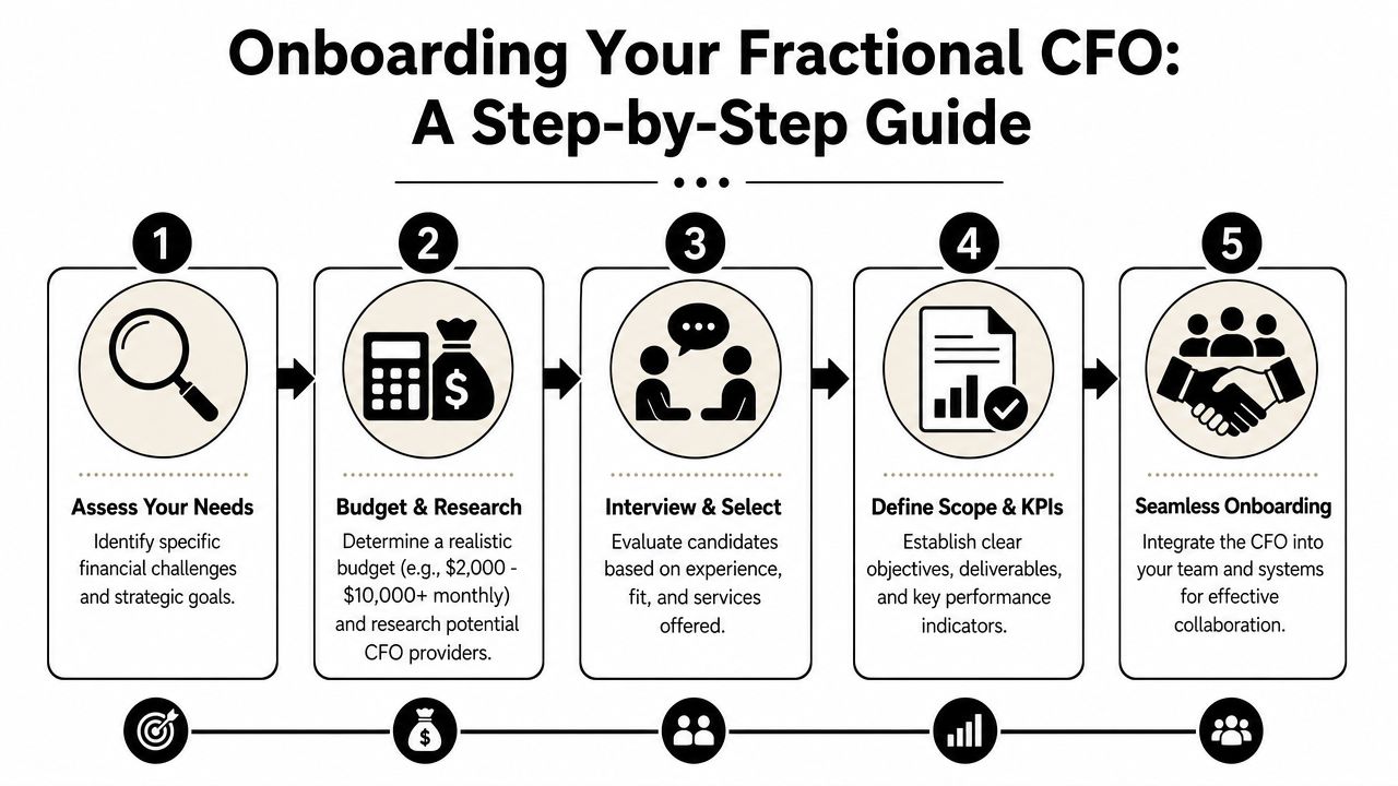 CFO Services for Small Business: Strategic Growth in 2026 4 A step-by-step infographic titled Onboarding Your Fractional CFO outlining five essential phases for business integration.