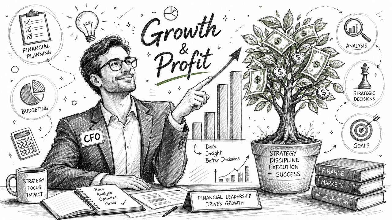 CFO Services for Small Business: Strategic Growth in 2026 2 A professional illustration of a CFO directing growth and profit strategies, featuring business symbols and growth charts.