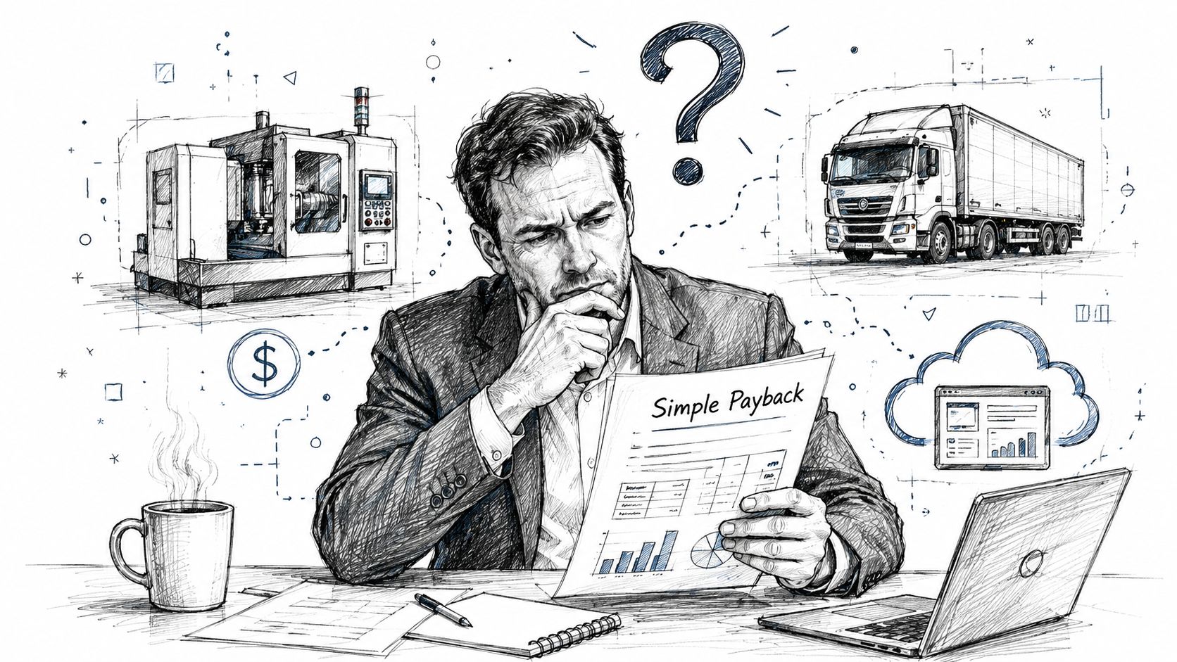 Discounted Payback Period Formula a Smart Guide 1 A businessman analyzing financial documents with charts, surrounded by icons of manufacturing machinery, logistics trucks, and digital clouds.