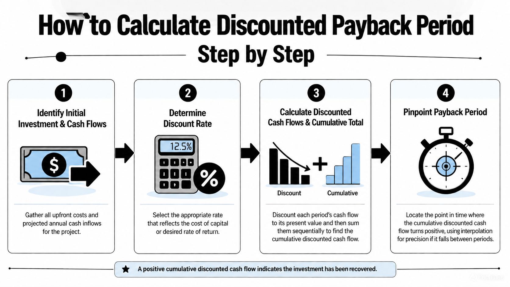 Discounted Payback Period Formula a Smart Guide 3 A four-step infographic illustrating the process for calculating the discounted payback period for business investments.