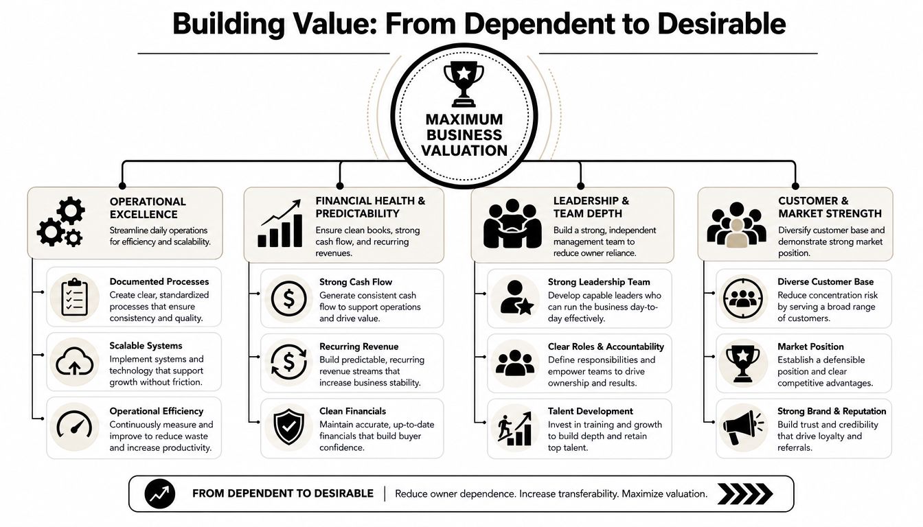Exit Planning for Business Owners: Maximize Your Final Sale 2 A strategic business chart showing the four key pillars for building maximum business valuation and owner independence.