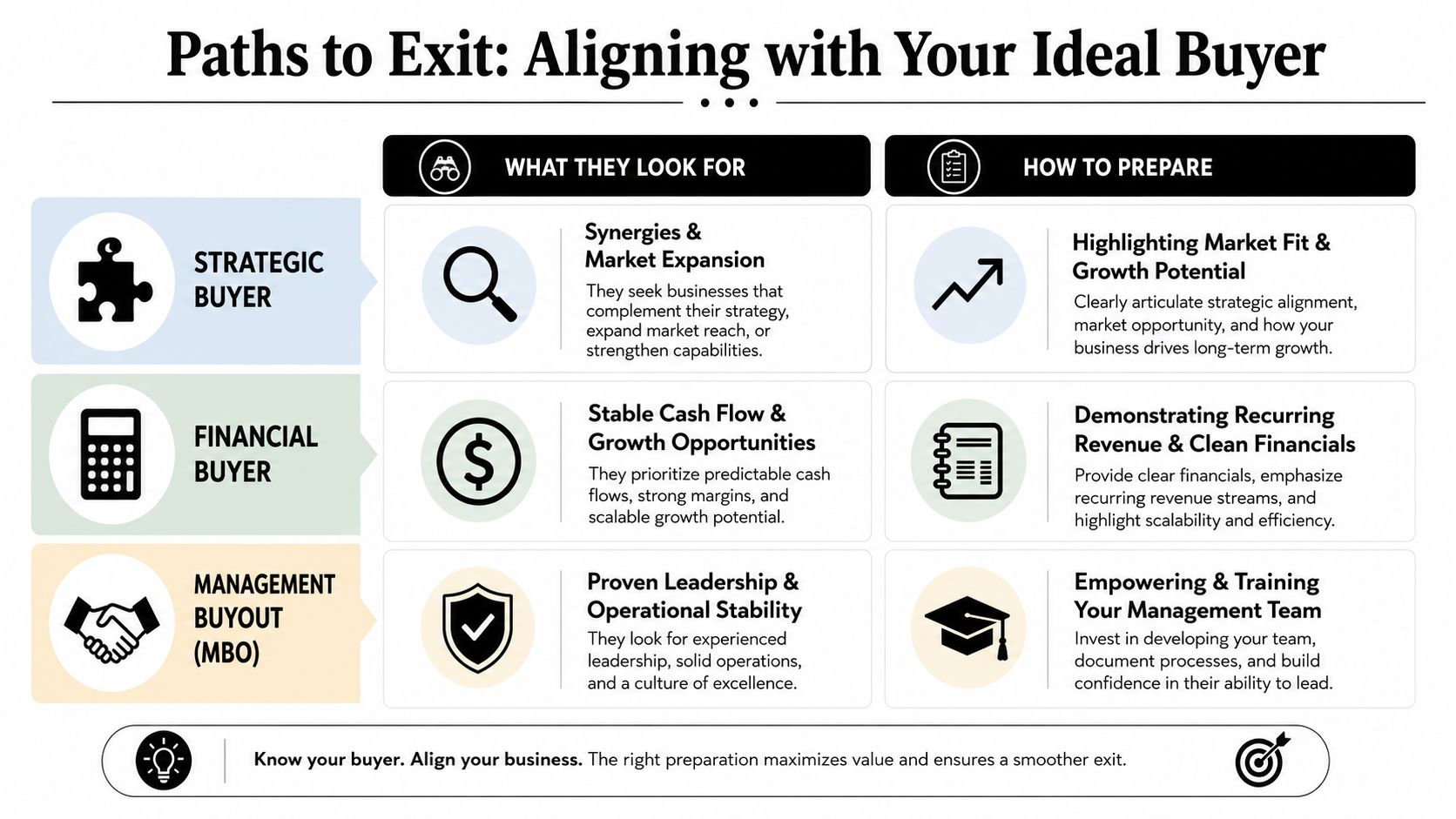 Exit Planning for Business Owners: Maximize Your Final Sale 3 A chart showing exit planning strategies for business owners, comparing strategic buyers, financial buyers, and management buyouts.