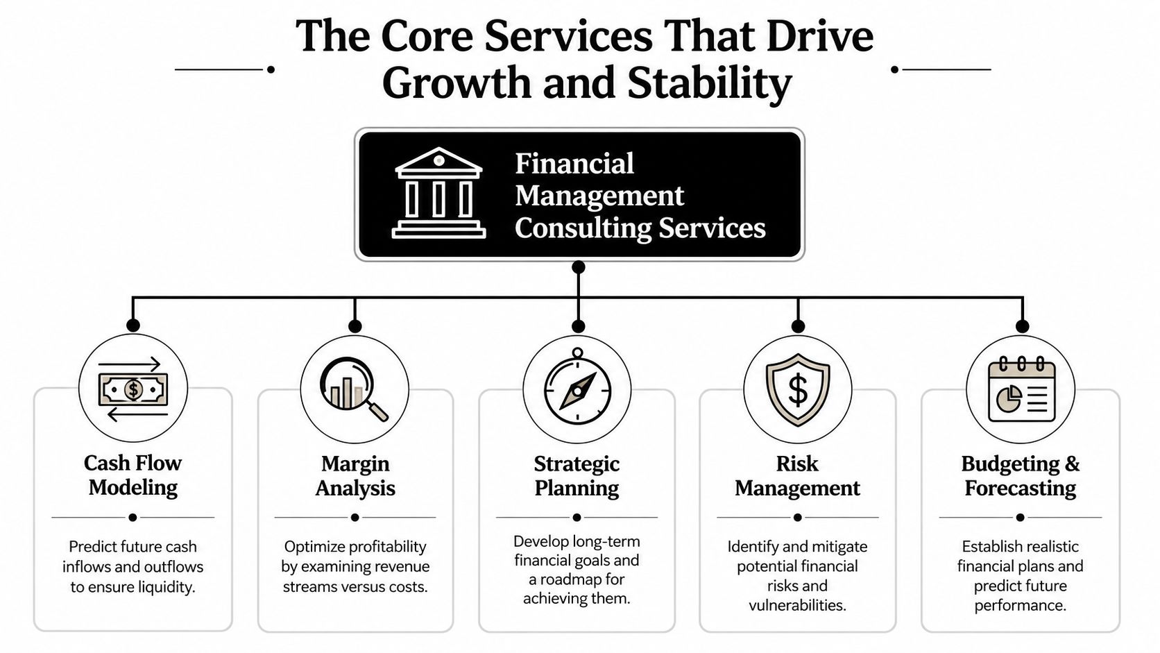 Financial Management Consulting: A Founder's Guide 1 A diagram illustrating five core financial management consulting services including cash flow, margin analysis, strategy, risk, and budgeting.