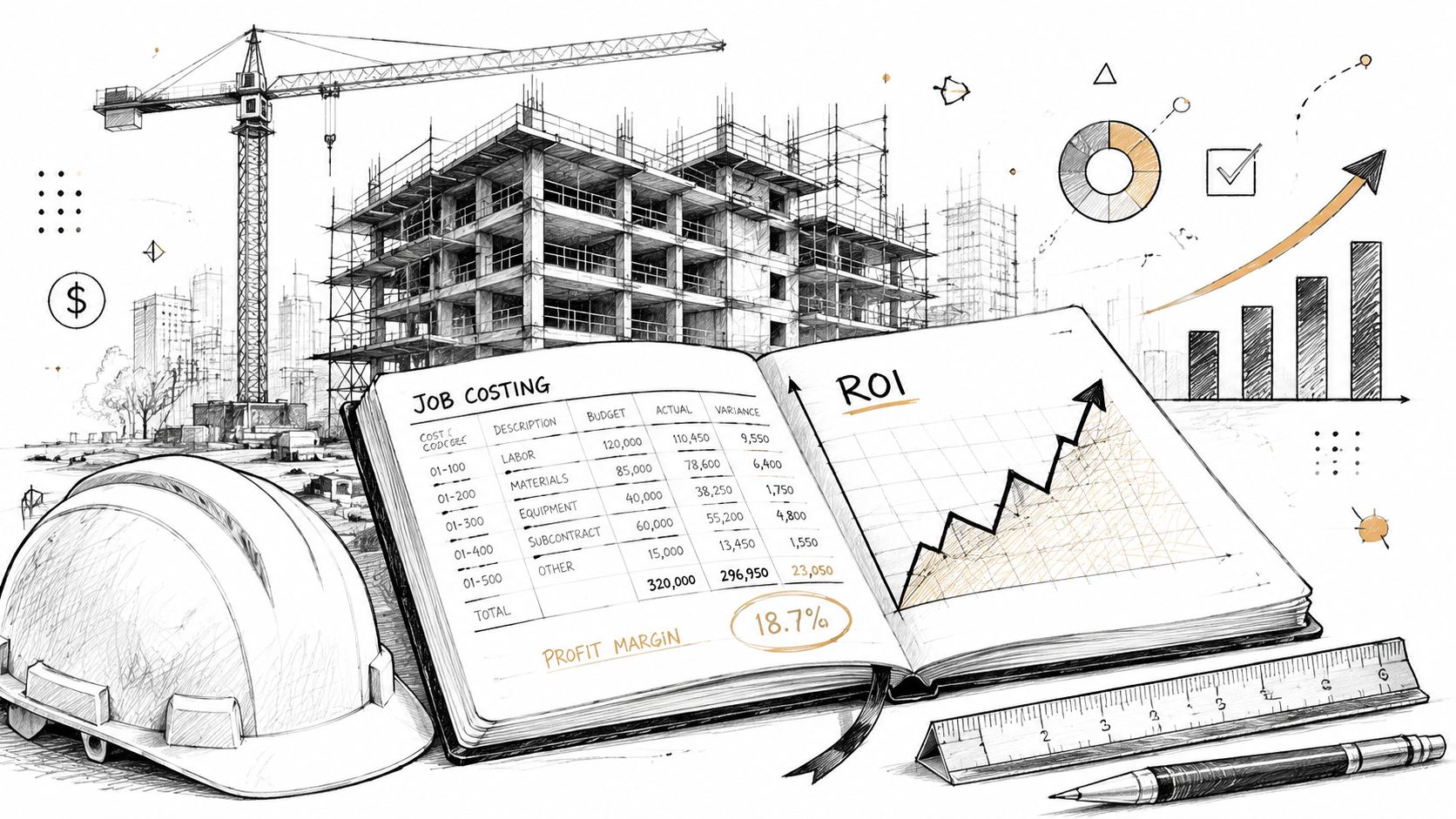 Financial Management Consulting: A Founder's Guide 3 A hand-drawn illustration showing a construction site with financial charts, job costing tables, and a profit margin.