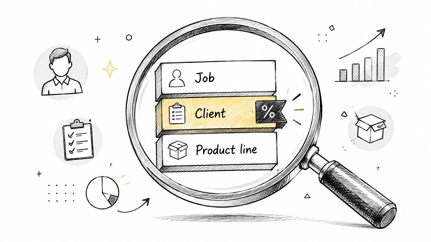 7 Financial Risk Management Strategies for SMBs in 2026 1 A magnifying glass focusing on business categories including job, client, and product line with various icons.
