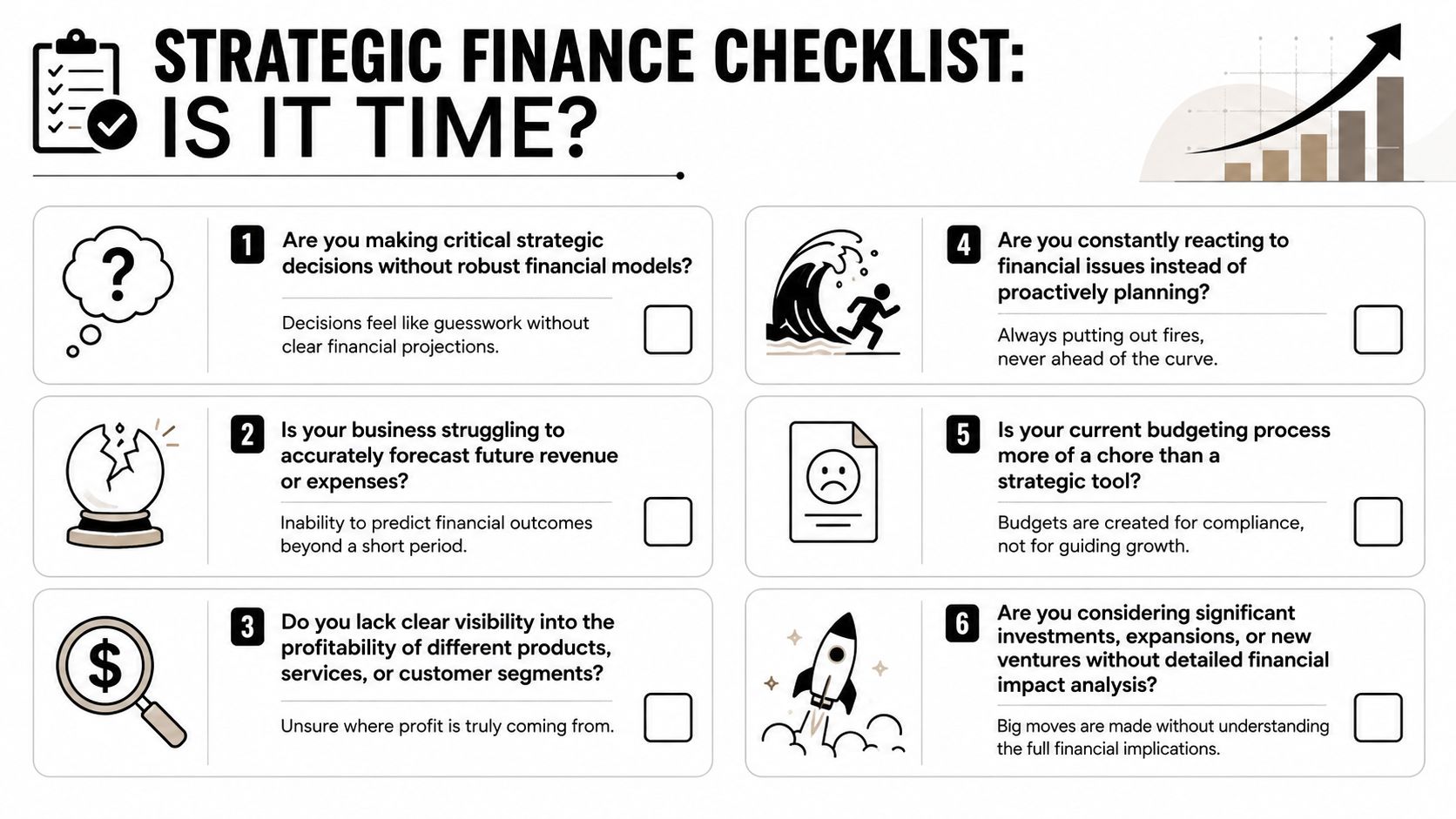 FP&A vs Accounting: Strategic Roles Explained 2026 4 A strategic finance checklist infographic listing six key signs that indicate a business needs better financial planning.