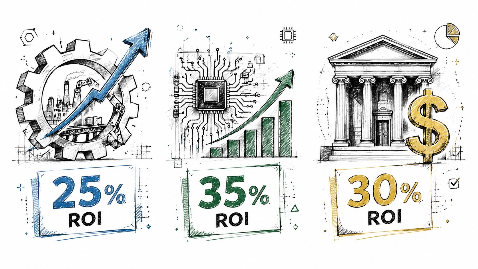 Fractional CFO ROI: A Founder's Guide to Calculating It 3 A conceptual illustration displaying three ROI percentages: 25%, 35%, and 30% for industry, technology, and finance sectors.