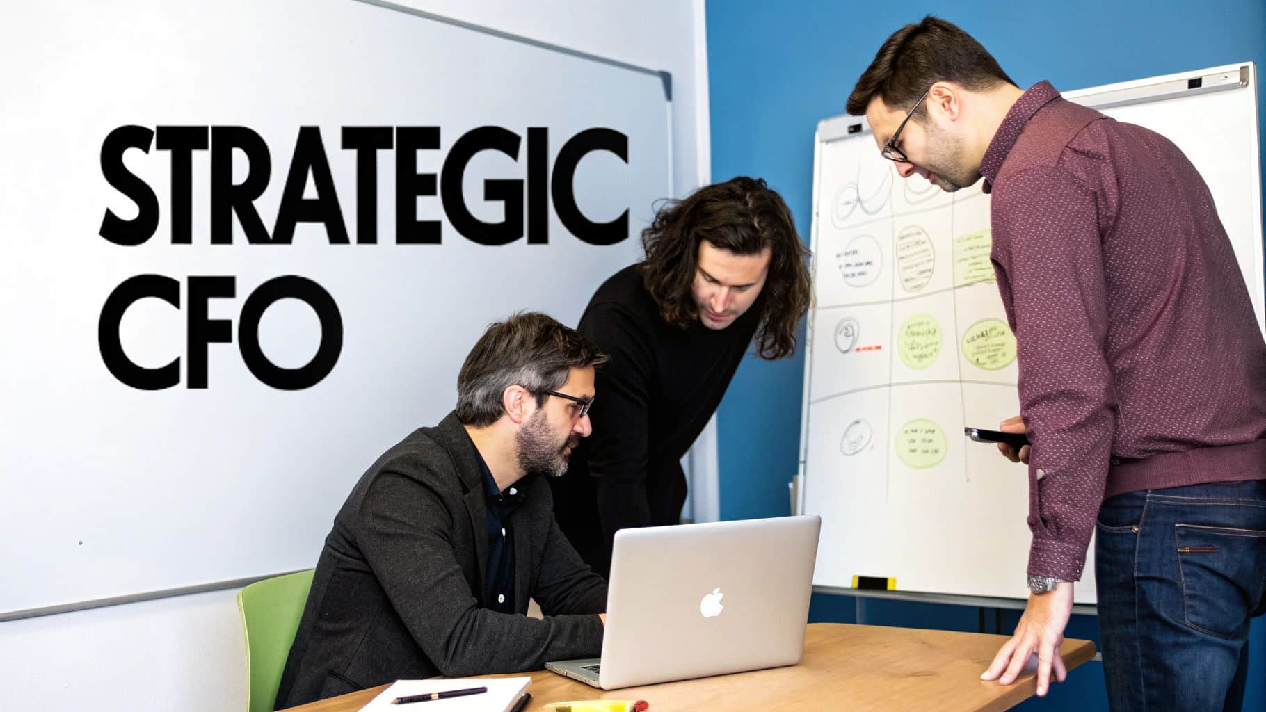 A Founder's Guide to Fractional CFO Services for Startups 1 Three business professionals collaborating in an office, one on a laptop, another reviewing a whiteboard, with "Strategic CFO" branding.