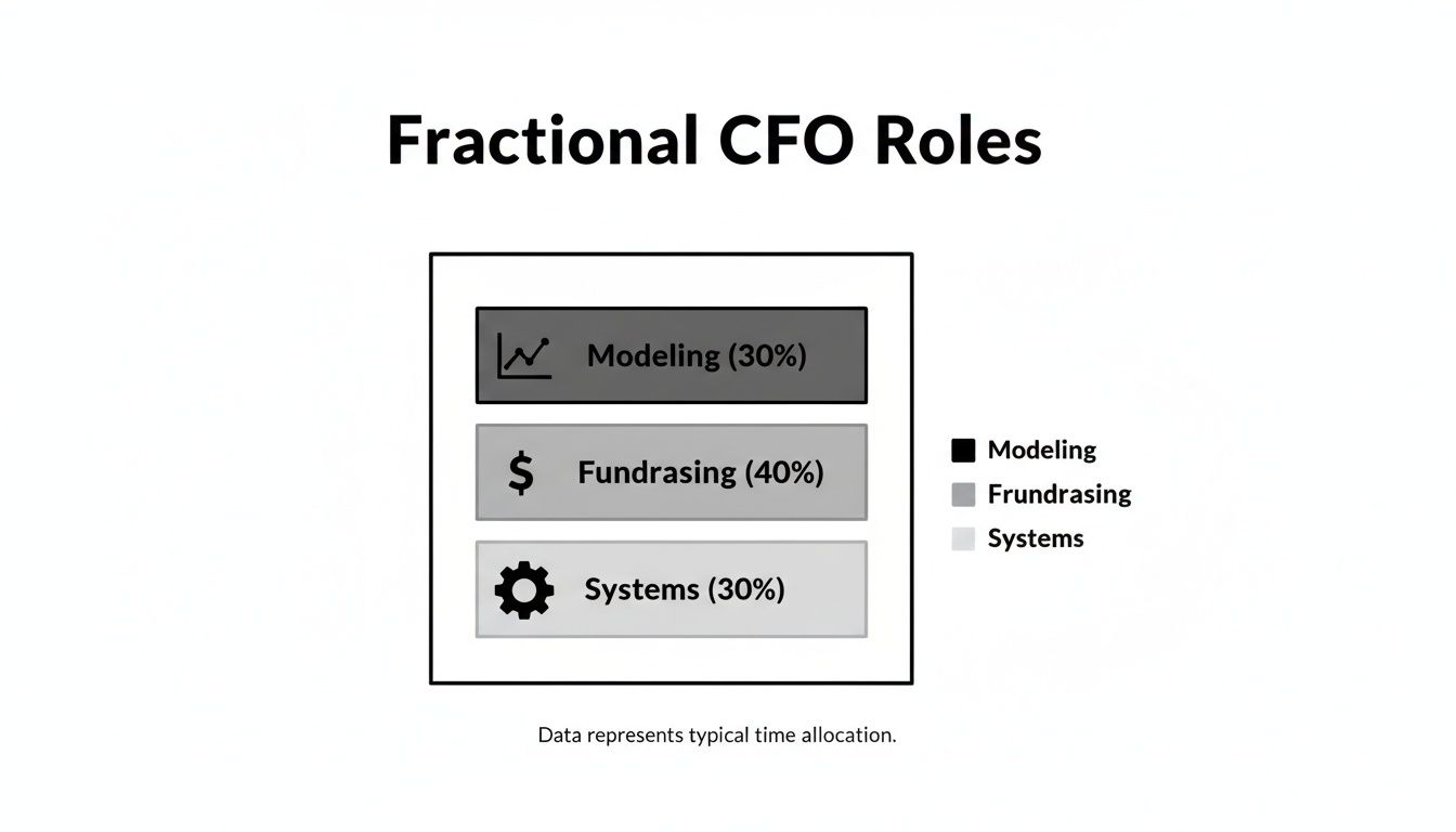 A Founder's Guide to Fractional CFO Services for Startups 2 A bar chart illustrating fractional CFO roles: Modeling (30%), Fundraising (40%), and Systems (30%) time allocation.