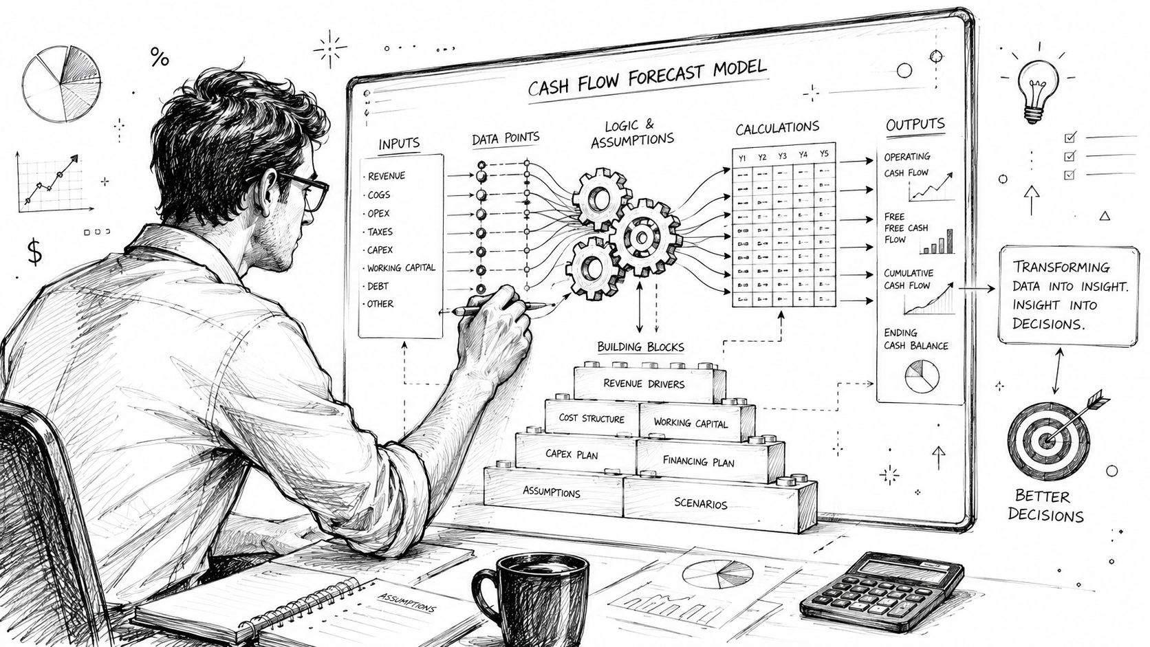 How to Create a Cash Flow Forecast: Step-by-Step Guide 2 A professional analyzing a comprehensive cash flow forecast model with visual diagrams and data building blocks.