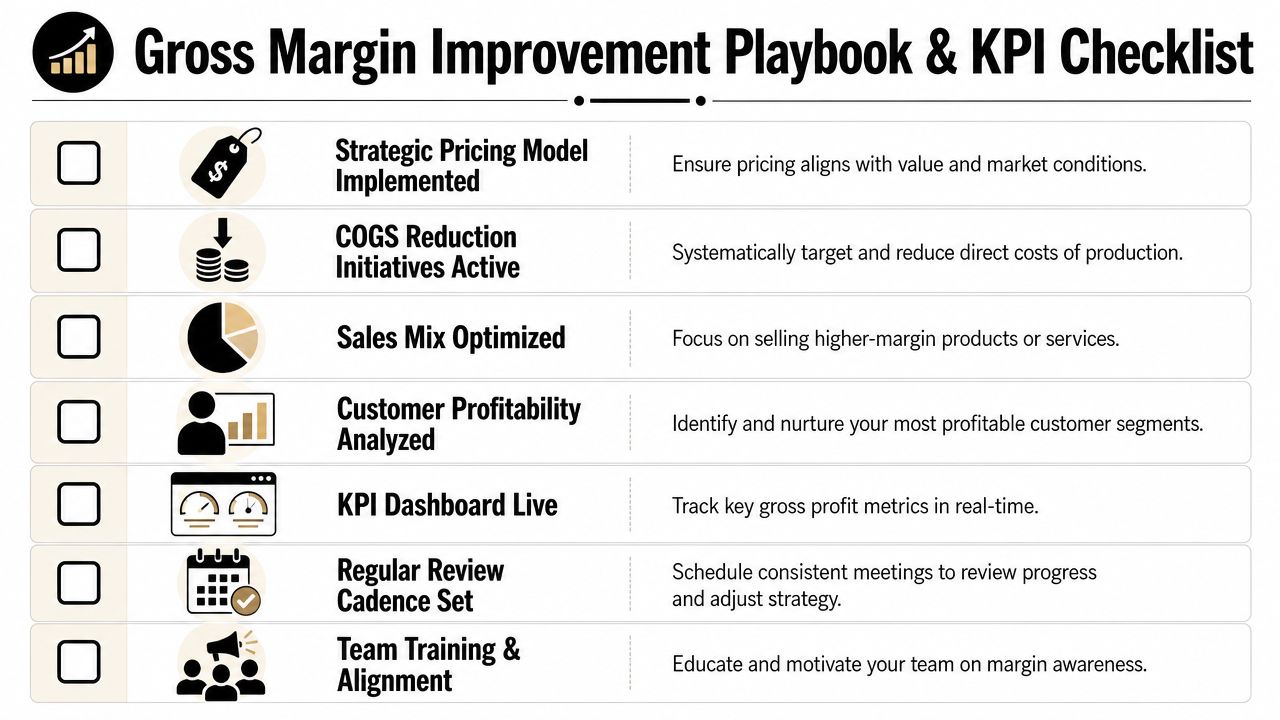 How to Improve Gross Profit Margin: A Founder's Playbook 4 A checklist infographic titled Gross Margin Improvement Playbook detailing seven key business strategies for increasing profitability.