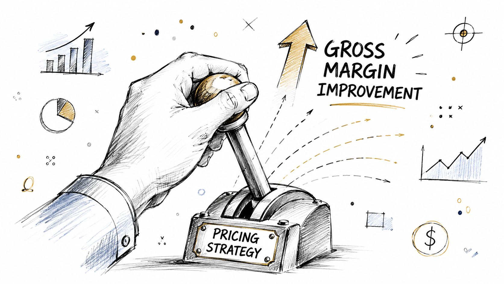 How to Improve Gross Profit Margin: A Founder's Playbook 2 A hand pulling a lever labeled Pricing Strategy to drive Gross Margin Improvement in a business context.
