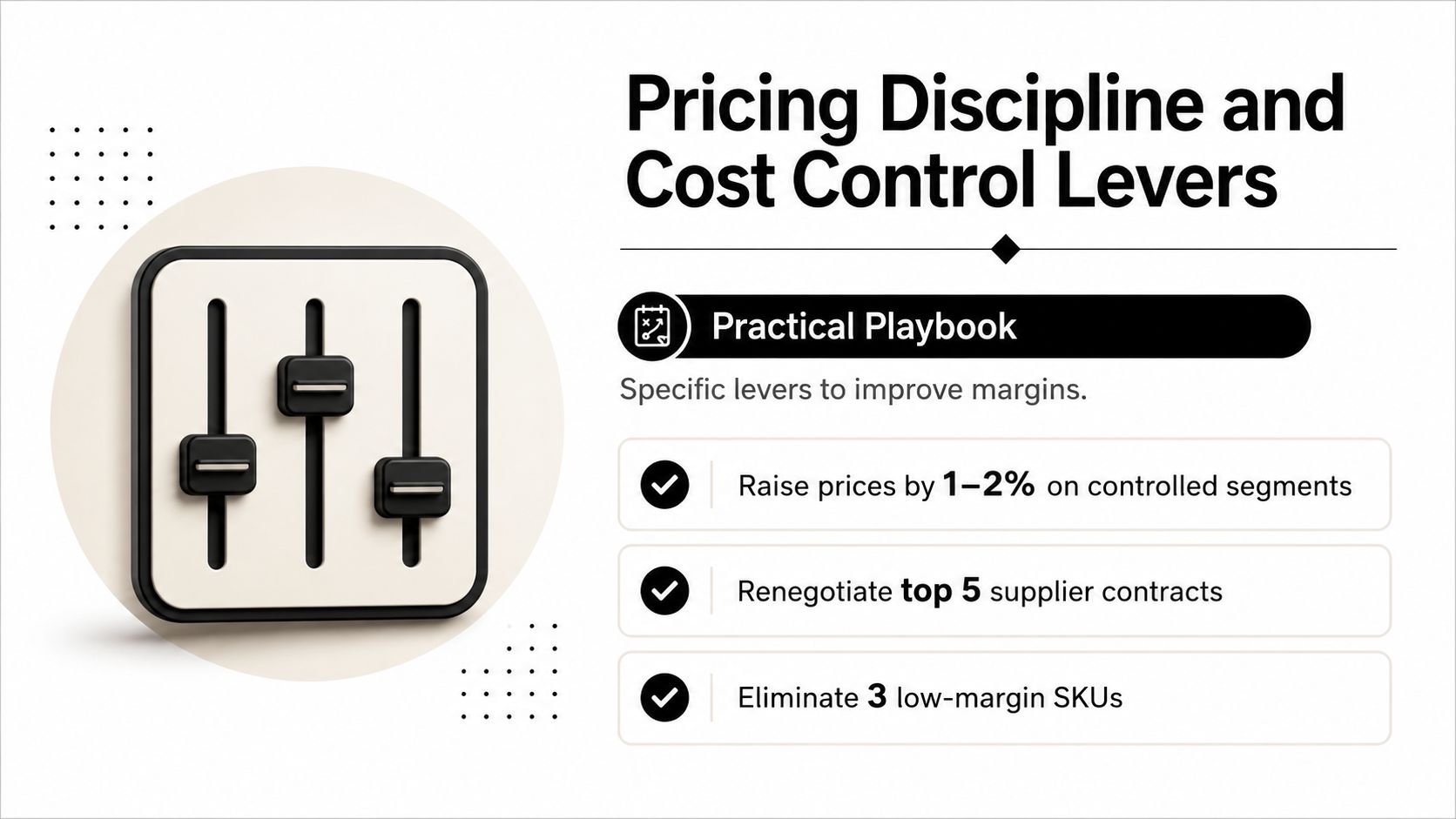 How to Improve Profit Margins: A Practical Framework 3 A business infographic illustrating three practical strategies for improving company profit margins through pricing and cost controls.