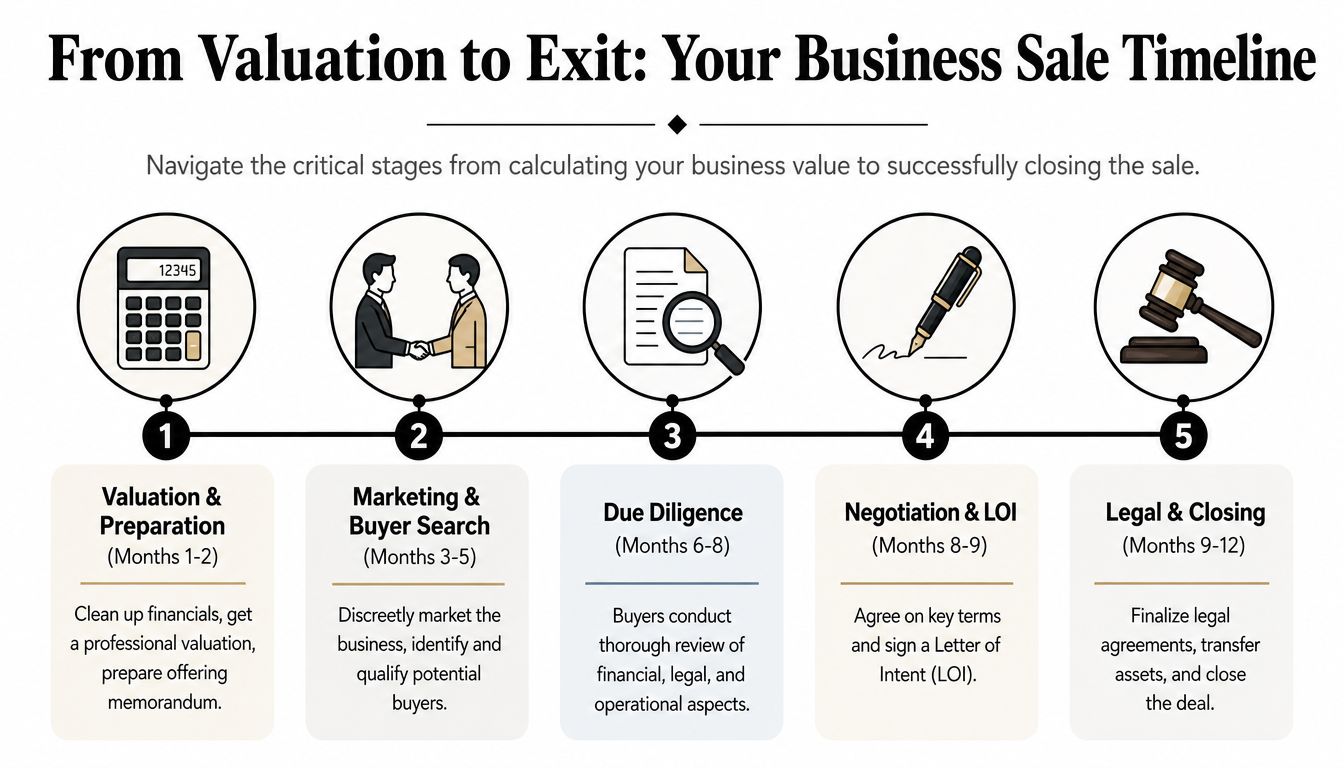 How to Value a Small Business for Sale 4 A business sale timeline infographic showing the five stages from initial valuation to final closing.