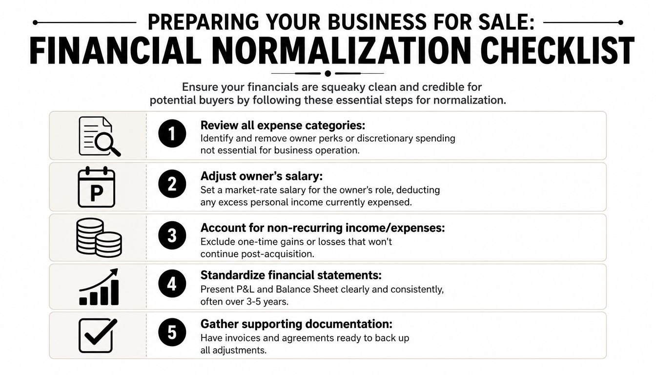 How to Value a Small Business for Sale 1 A checklist infographic titled Preparing Your Business for Sale illustrating five key steps for financial normalization.