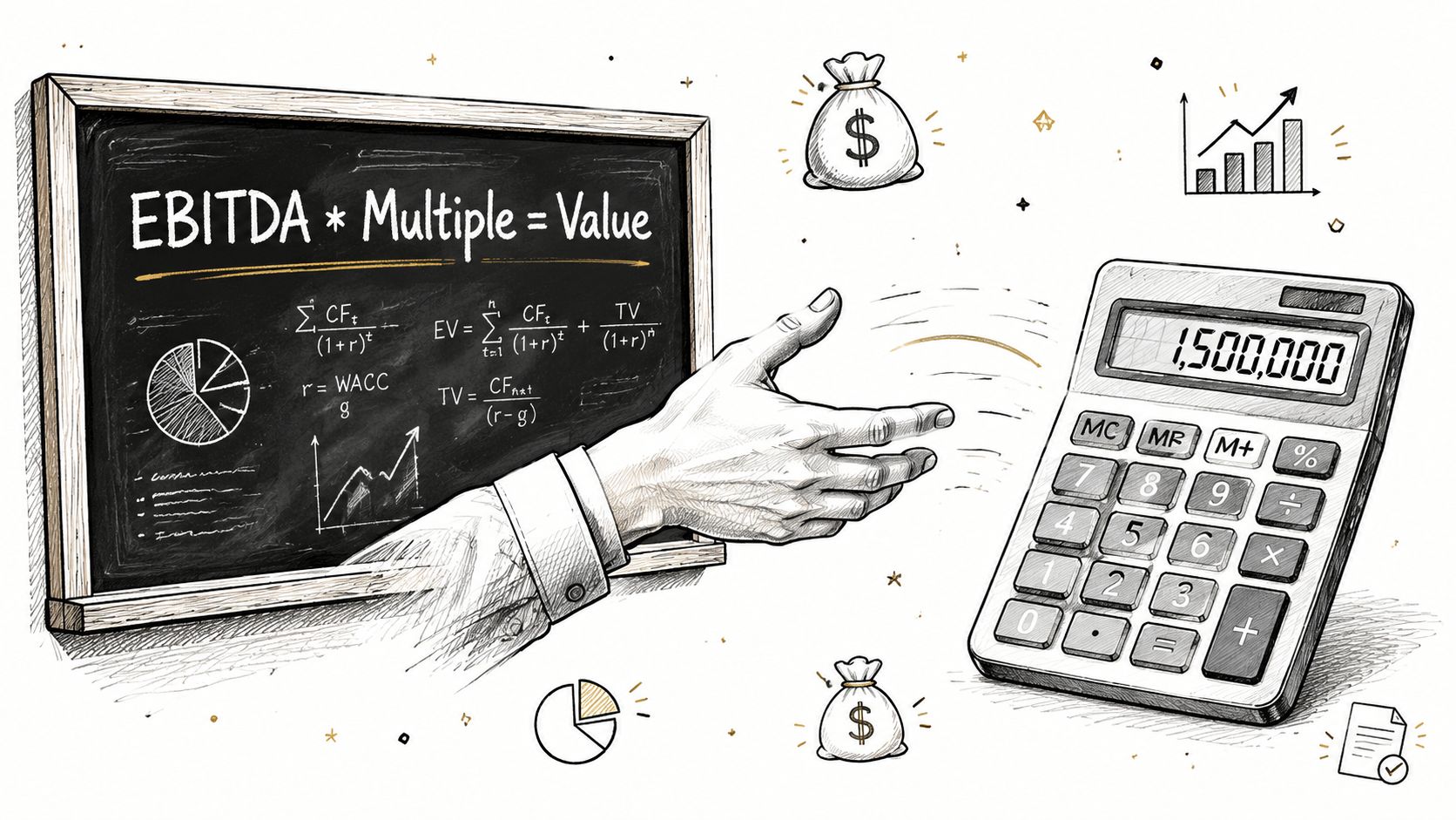 How to Value a Small Business for Sale 2 A chalkboard showing valuation formulas next to a hand pointing toward a calculator displaying 1,500,000.