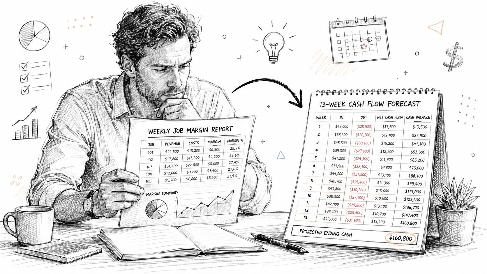 Job Order Costing Explained with Examples and Real Numbers 2 A businessman analyzing a weekly job margin report and a 13-week cash flow forecast document.