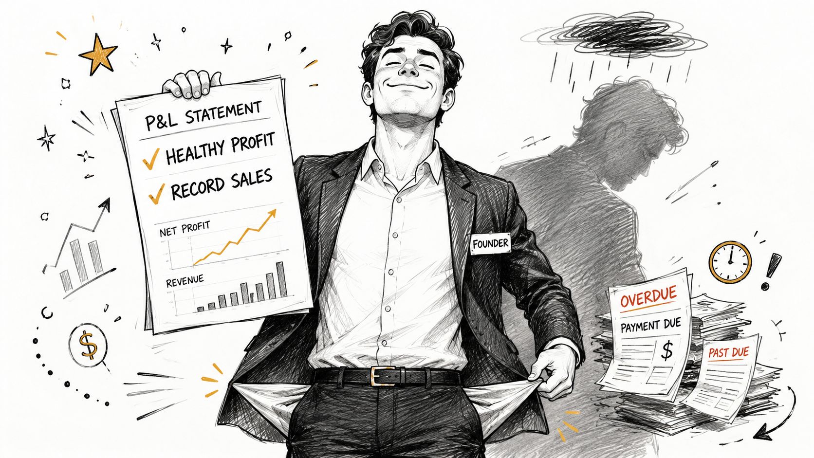 Liquidity Management: Your 2026 Playbook for Cash Flow 1 A business founder holding a profitable P&L statement while having empty pockets, highlighting liquidity management struggles.