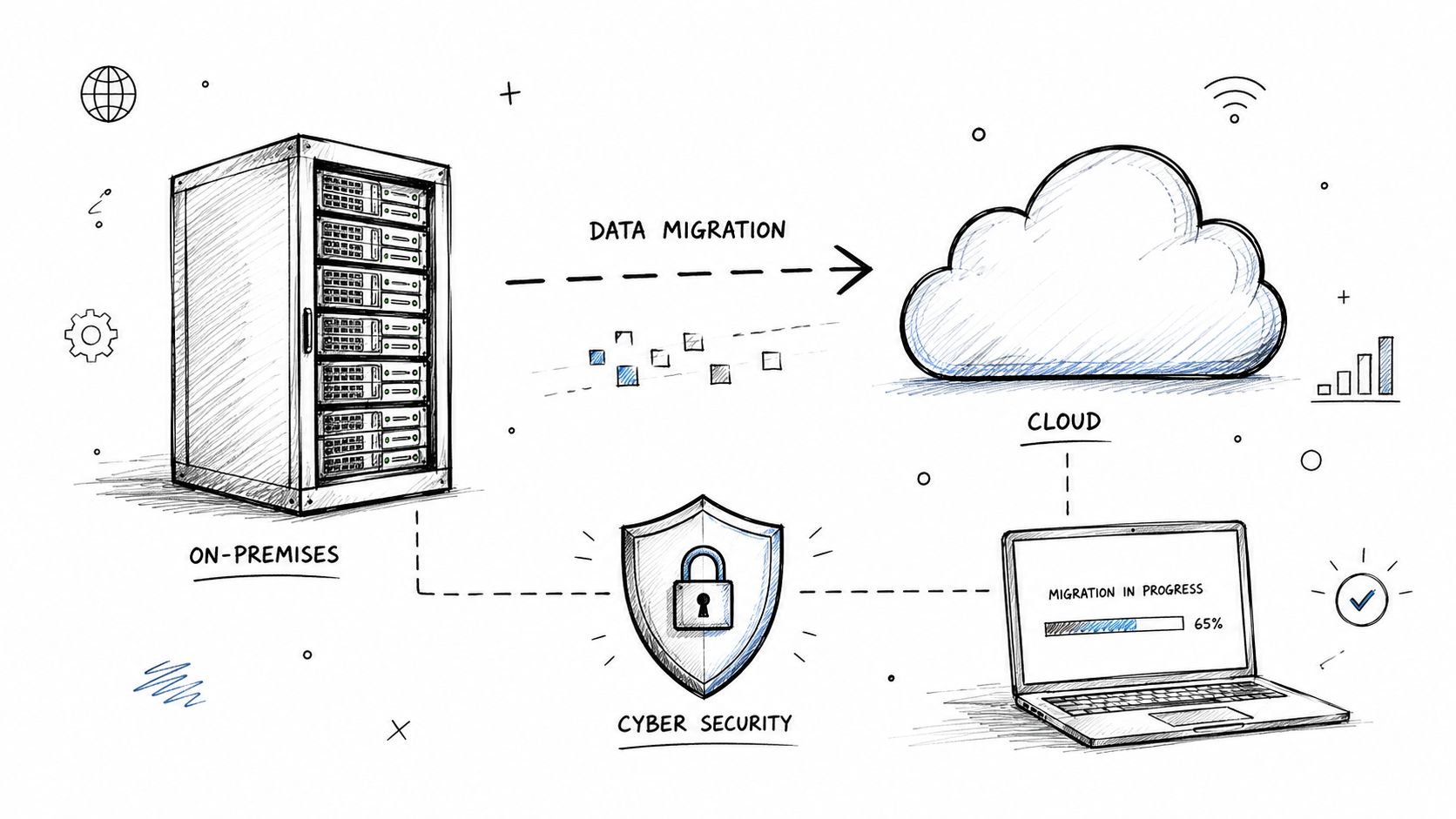Your 2026 Mergers and Acquisitions Checklist: 8 Steps 2 A diagram illustrating data migration from on-premises servers to cloud storage with cyber security protection.